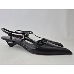 Prada Women's Black Kitten Logo Heel T-Strap Leather Pumps Size 39